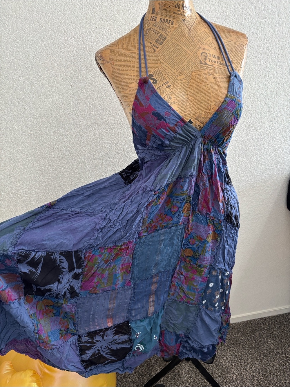 Boho halter dress patchwork mixed print xs/s resort vacation beach festival fall